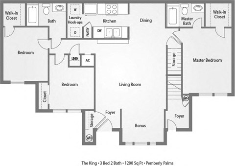 Floor plan for 3 beds, 2 baths, 1200 sqft